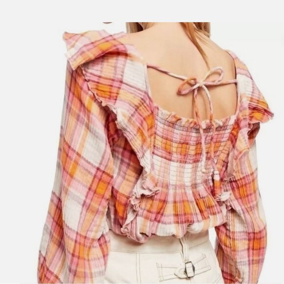 Free People Tea Combo Sienna Plaid Ruffle Blouse Multi XS - Picture 8 of 14